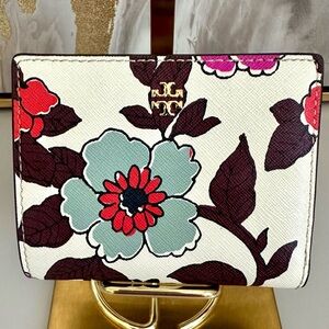 Tory Burch EMERSON PRINTED MINI WALLET Cream Red Blue Wallpaper Floral